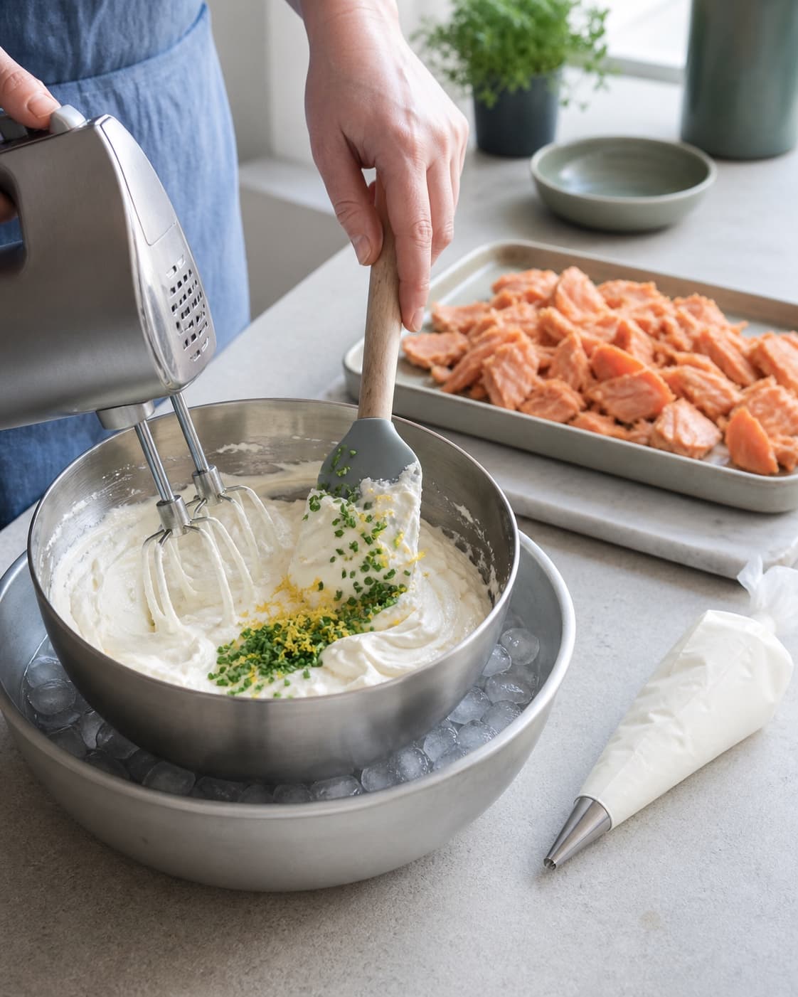 Kold creme fraiche og fløde piskes over is til bløde toppe, før citronskal og purløg foldes i ved siden af den kogte laks