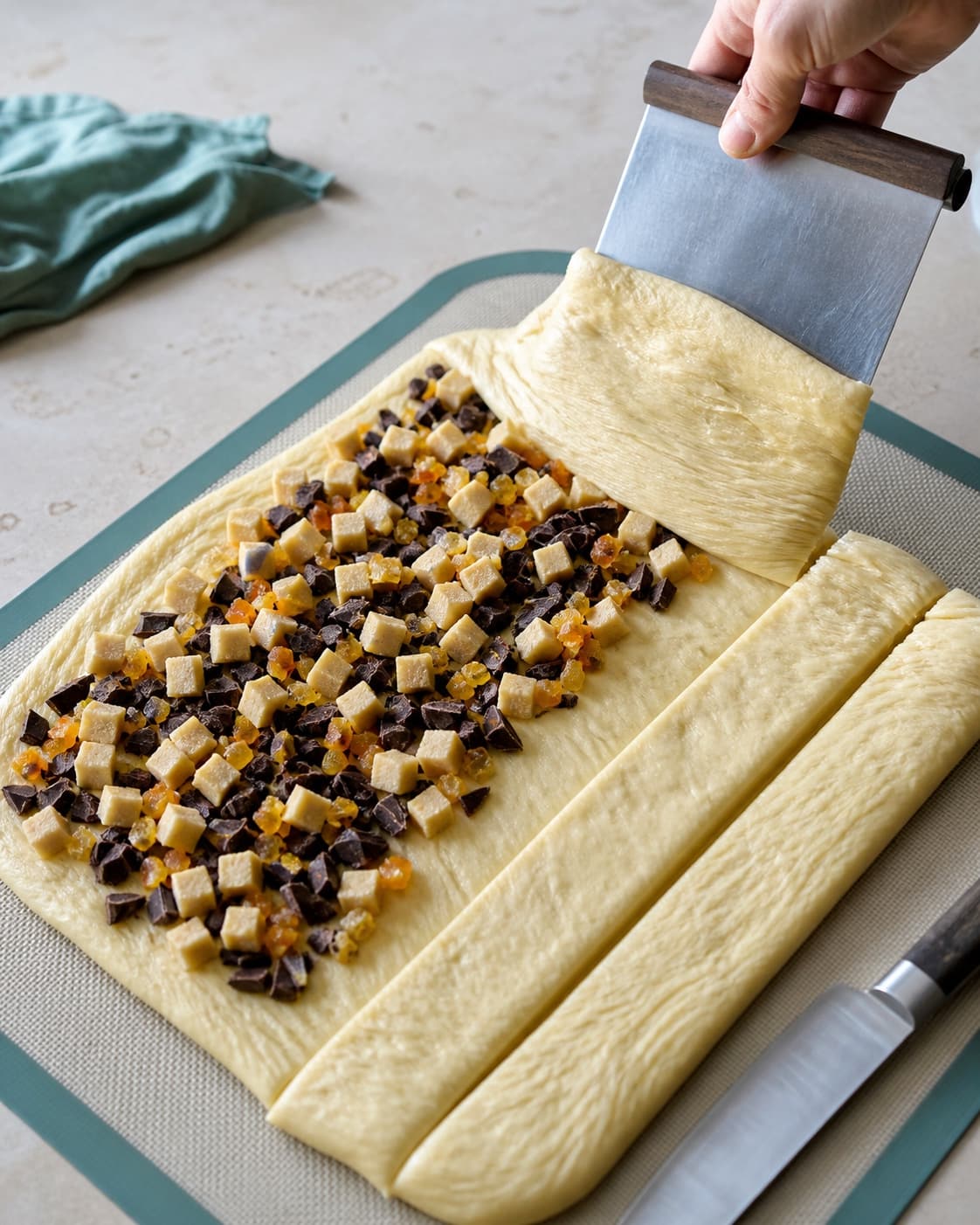 Kolde marcipantern, mørk chokolade og kandiseret appelsin fordeles på dejen, som foldes og deles med en dejskraber