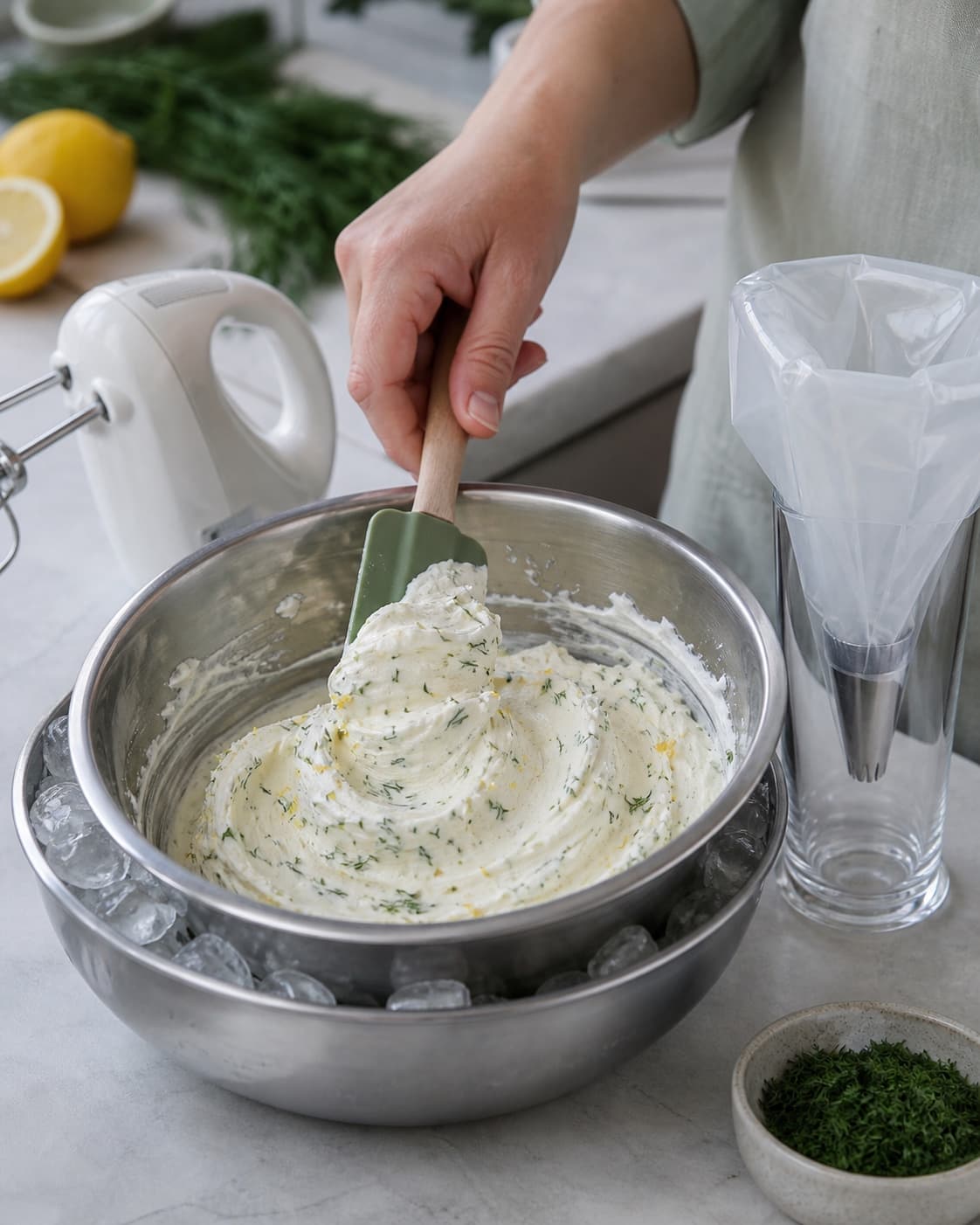 Kold flødeost og skyr foldes glat med citron og fintskåret dild over is, så cremen holder tydelige formfaste spor