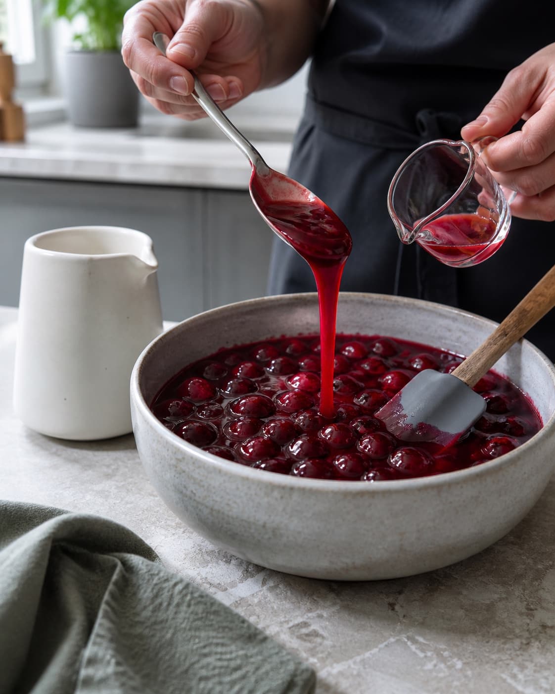 Helt kold kirsebærsauce falder i en bred sammenhængende stribe fra skeen og justeres med en lille målt mængde saft