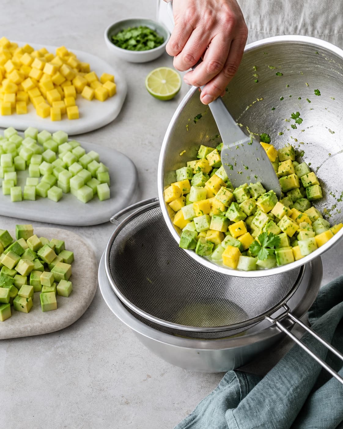 Ens faste tern af mango, avocado og udkerneret agurk foldes med lime og koriander og drænes i en fin si
