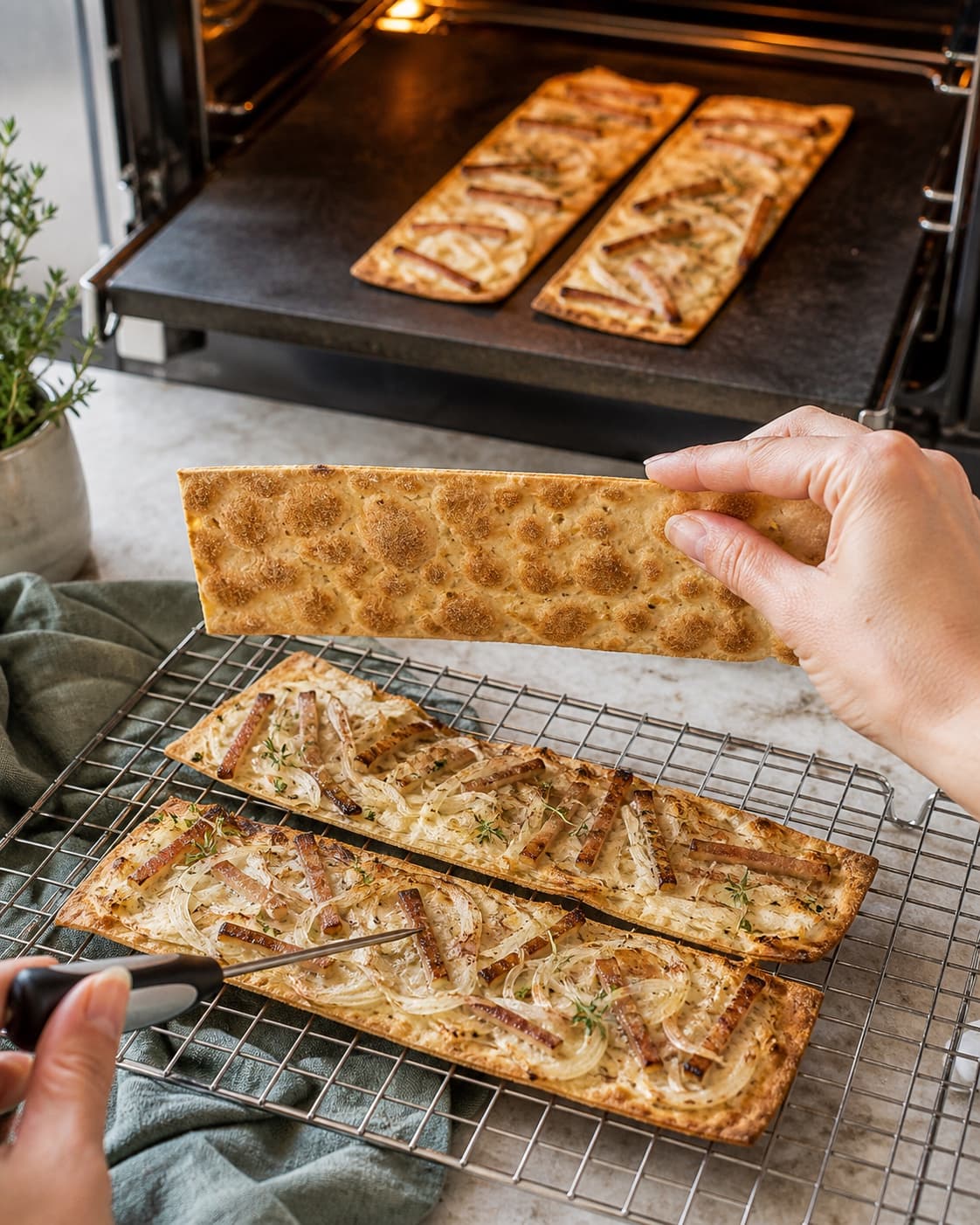 Den bagte flammkuchenflise holdes stiv over risten og viser en helt tør blistret underside efter bagning på varmt stål