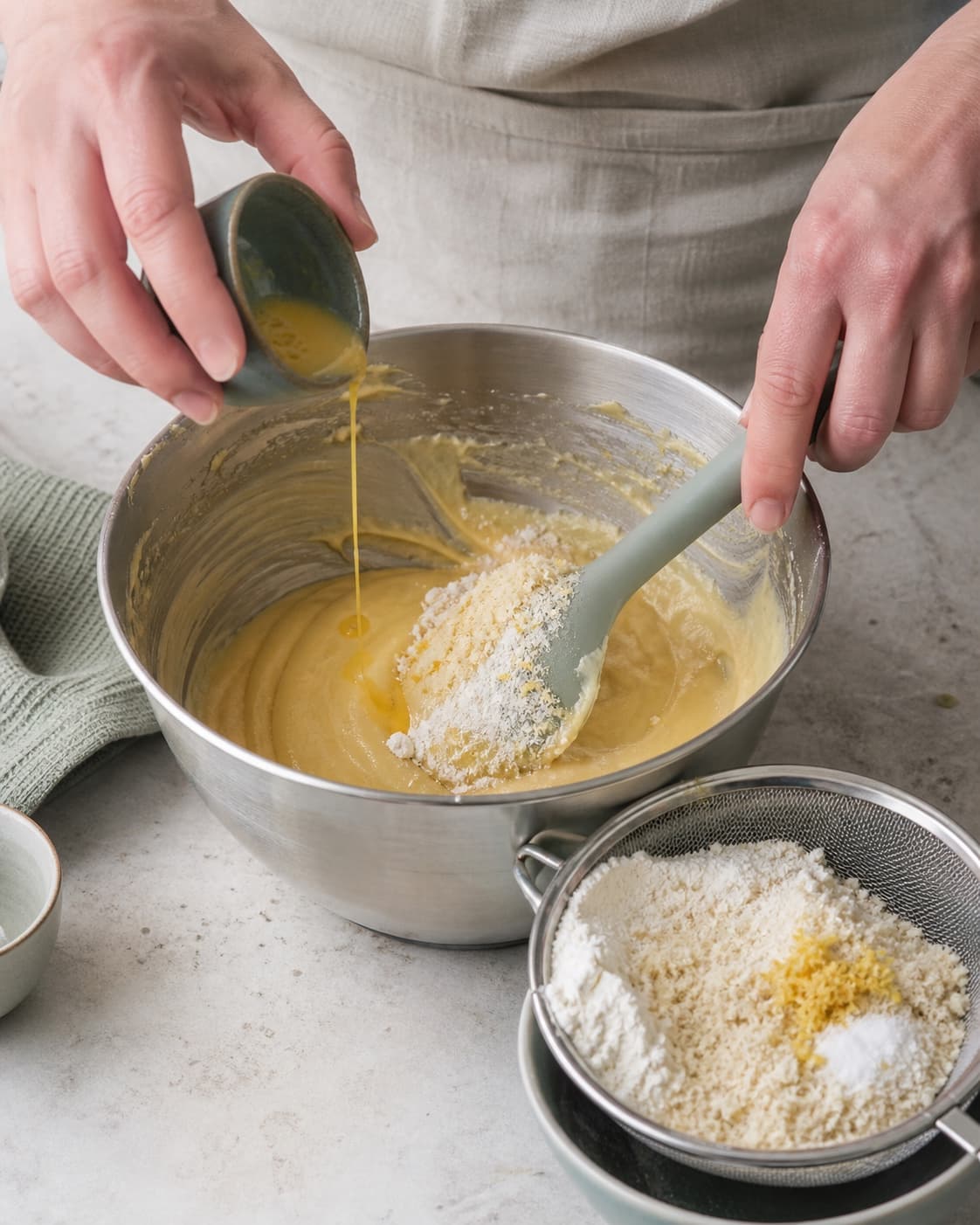 Pasteuriseret æg tilsættes i små portioner til den blanke marcipanemulsion, før mel, mandelmel og citron foldes i