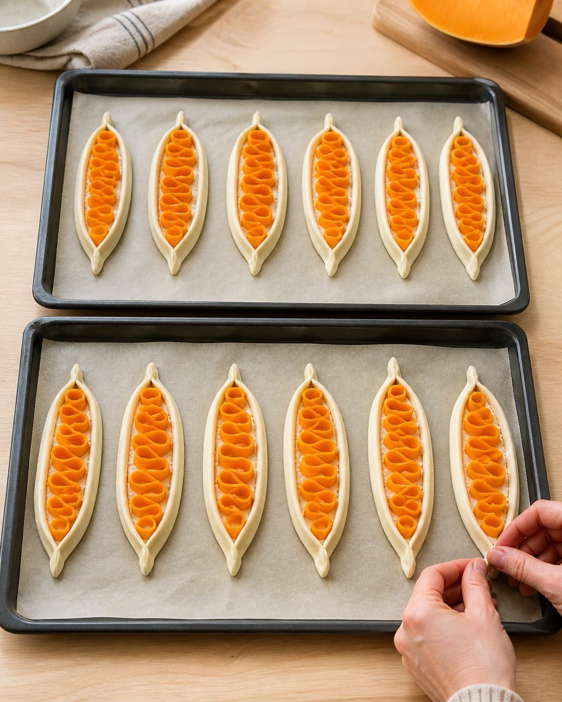 Præcis 12 kolde smalle galettebåde formes med tynd fetacreme, stående græskarbånd, fri dejkant og sammenklemte spidser