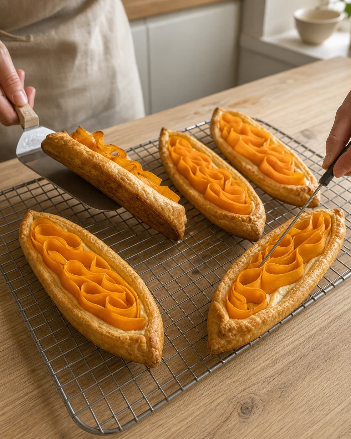 De bagte galettebåde har gyldne flagede kanter og bevarede græskarbånd, mens tør underside og mørt fyld kontrolleres