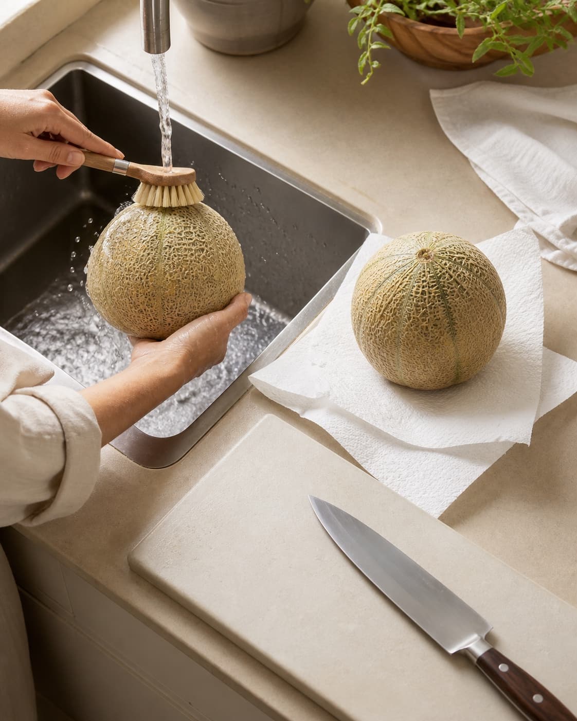 To hele intakte cantaloupemeloner børstes under rindende vand og tørres på rent papir før den rene kniv rører skallen