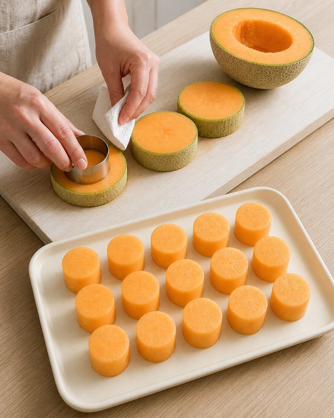 Fast cantaloupekød udstikkes fra fem centimeter tykke plader til præcis 16 ens kolde orange cylindre med tørre flader