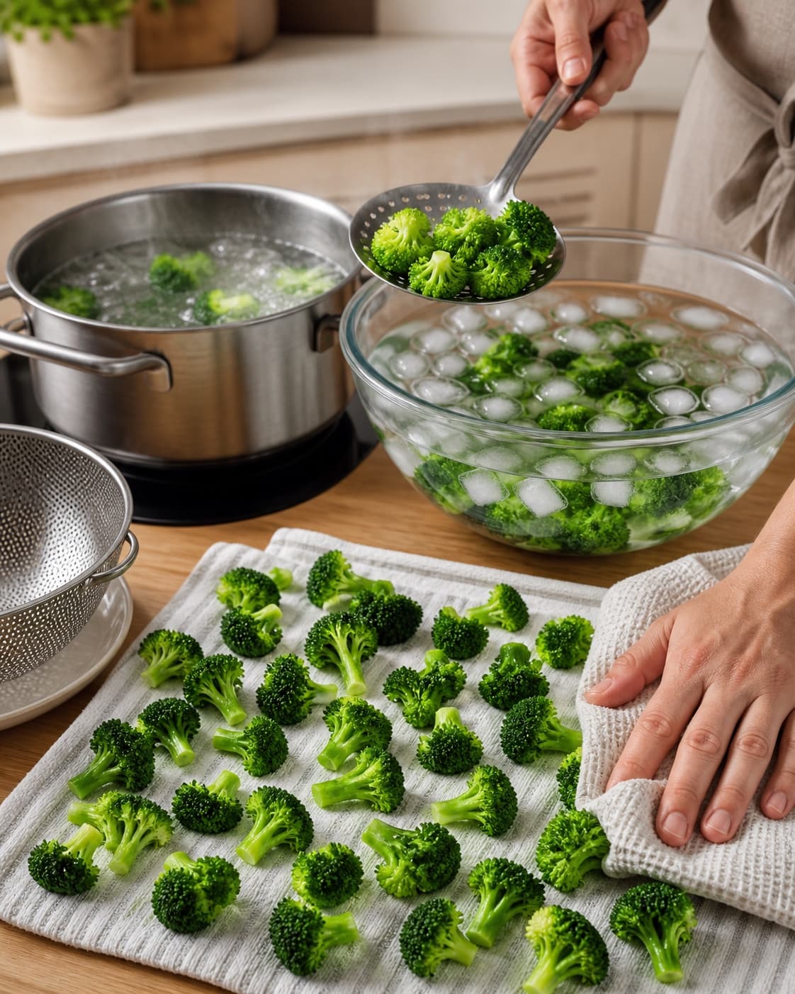 Små broccolibuketter løftes fra kogende vand til isbad og duppes derefter helt tørre med bevaret intens grøn farve