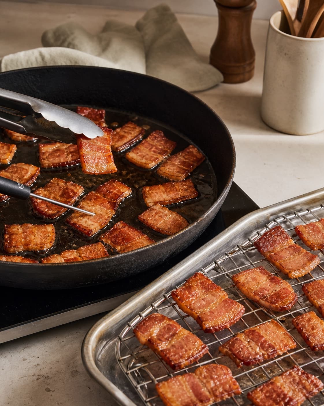 Brede baconstykker gennemsteges dybt gyldne i ét lag, temperaturmåles og afdrypper sprøde på rist frem for papir