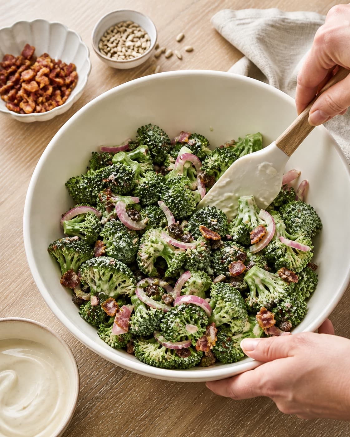 Kold tør broccoli foldes sent med rosiner, syltet løg, kerner og halvdelen af baconen i kun en tynd blank dressinghinde