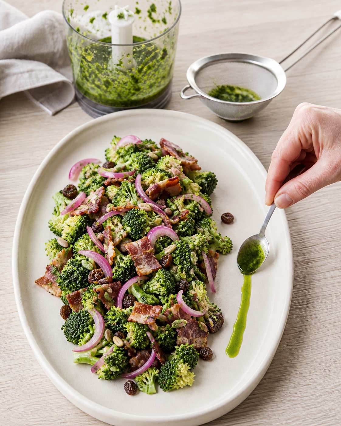 Den kolde kompakte broccolisalat afsluttes med én smal klargrøn linje af siet purløgsolie ved siden af salaten