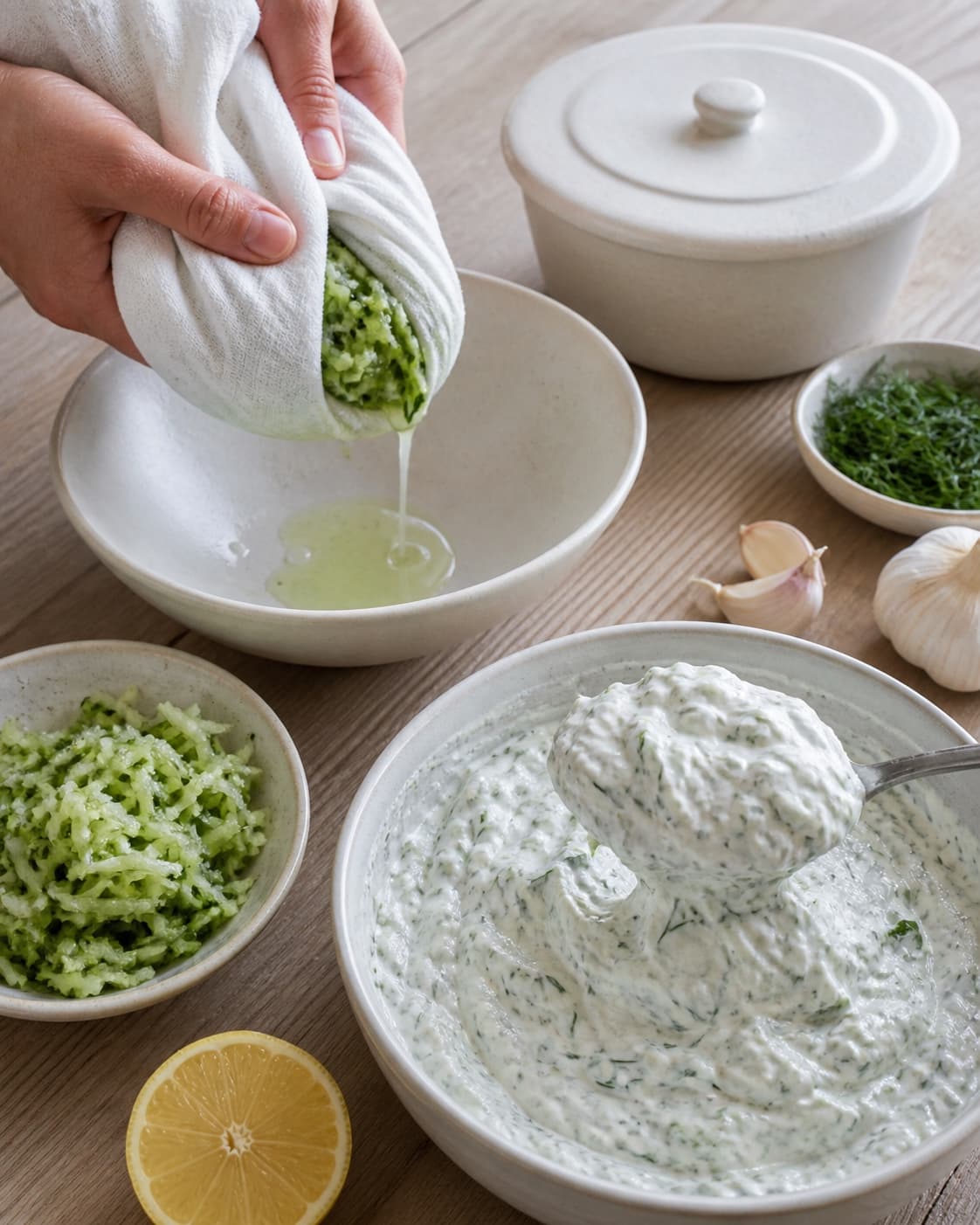 Saltet revet agurk presses meget tør i rent klæde og foldes i kold tyk tzatziki, der holder en fast top uden væske