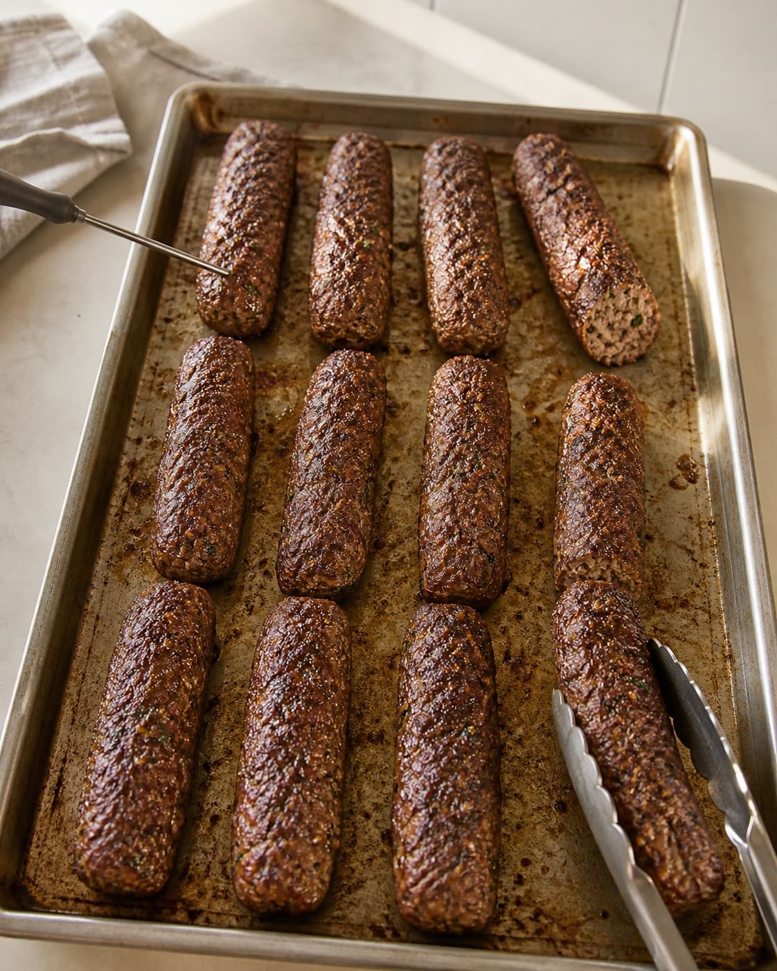 Præcis 12 ens lange oksekofta er dybt brunede på alle sider, mens flere centre måles og én åbnes til uigennemsigtig krumme