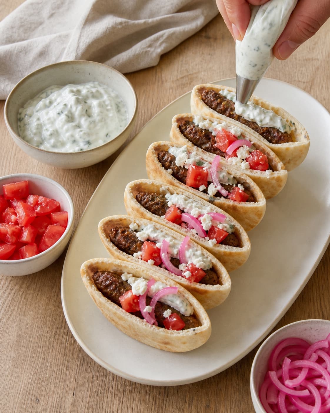 Seks hele minipitalommer fyldes hver med én varm kofta, lidt kold tzatziki, frisk tør tomat, drænet rødløg og feta