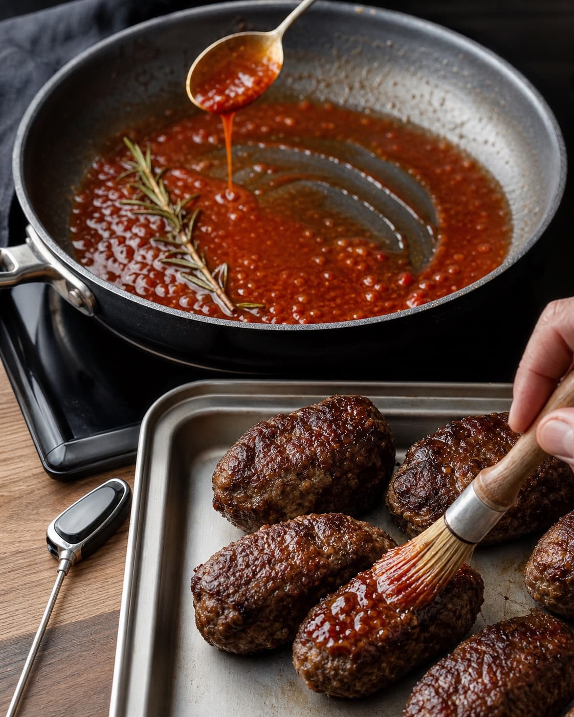 Blank reduceret tomat-rosmaringlasering løber i en tynd stribe fra skeen og pensles som en let film på gennemstegte frikadeller