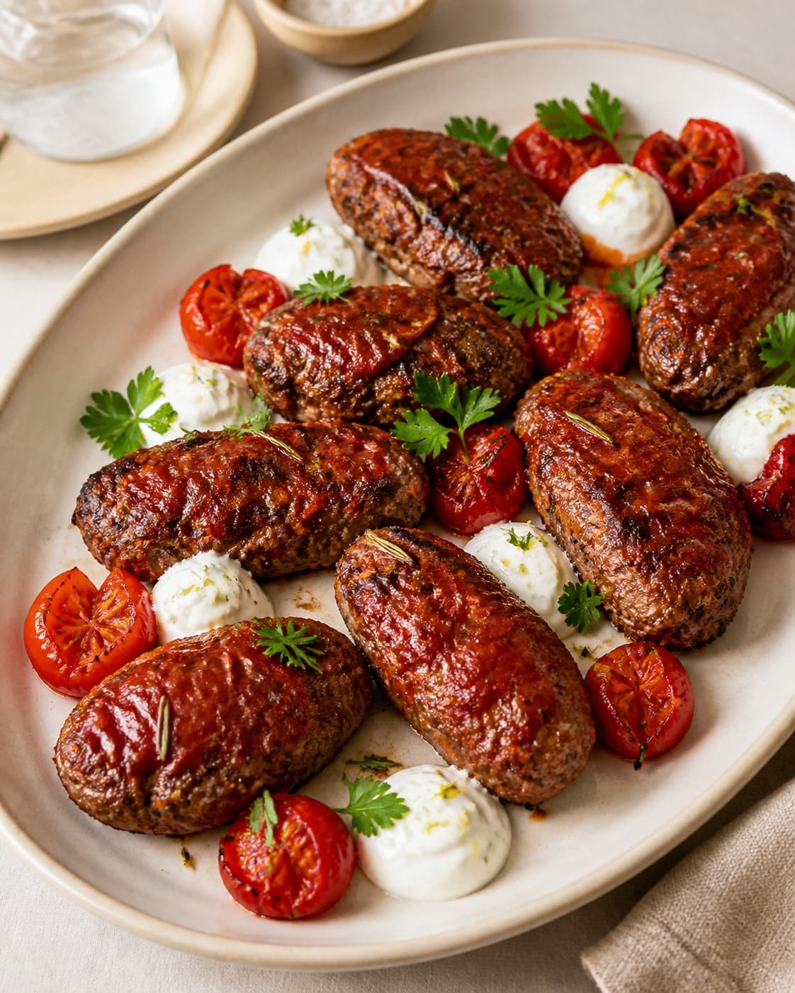Glaserede aflange oksefrikadeller serveres varme med bløde bagte cherrytomater og adskilte kolde dråber af fast citronyoghurt