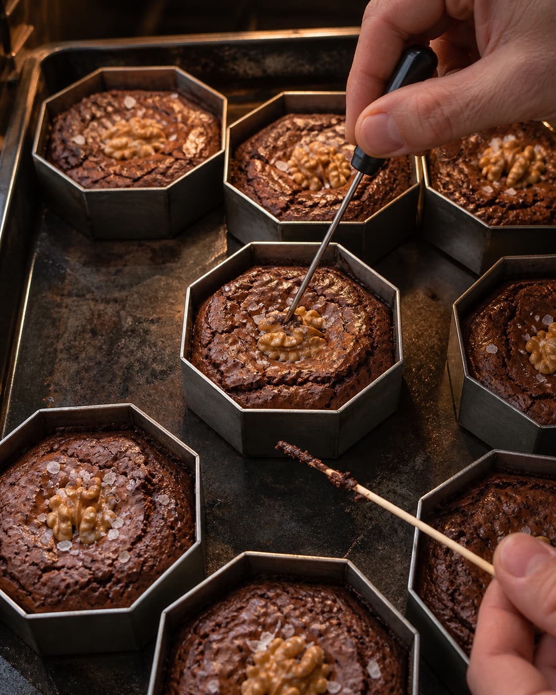 Bagte ottekantede brownies har fint krakelerede toppe og kontrolleres i midten med både indstikstermometer og krummeprøve