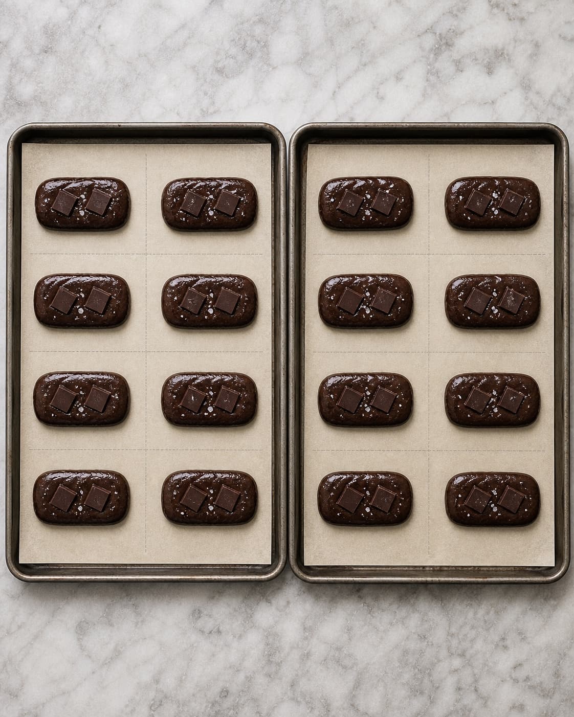 Præcis seksten aflange rå brownie cookies ligger som otte på hver af to kolde plader med to chokoladestykker og fri afstand