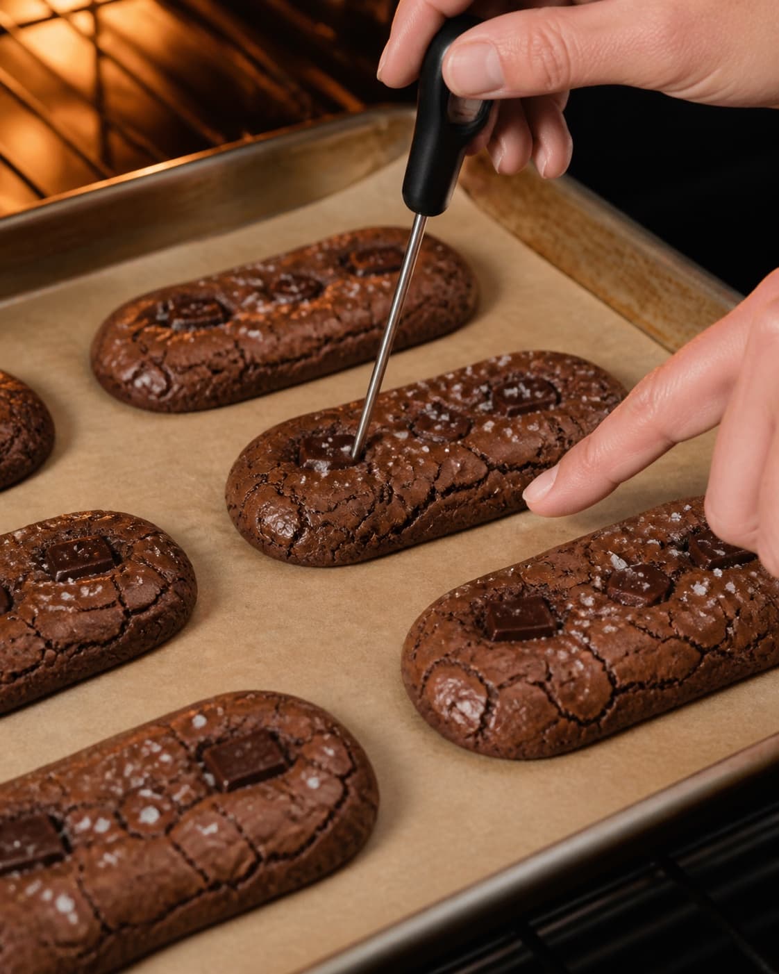 Aflange brownie cookies har tør fint krakeleret skal og sat kant mens centrum kontrolleres med termometer og let fingertryk