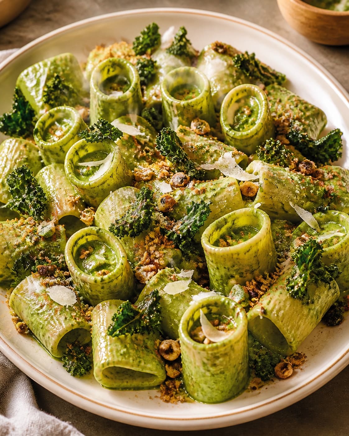 Hele varme paccherirør er blankt dækket af klar grøn creme og serveres uden saucepøl med tørt rugknas, grønkålschips og parmesan