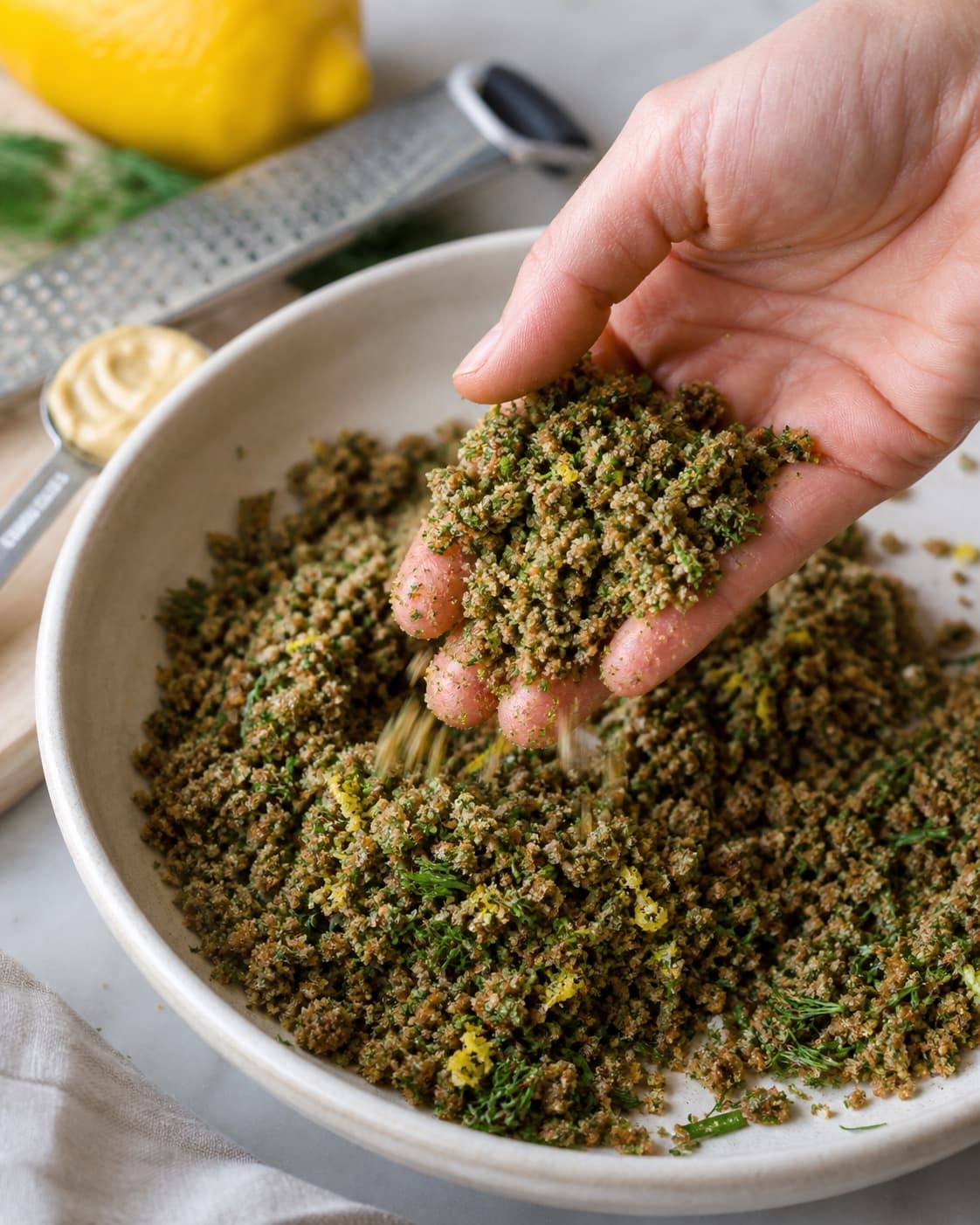 Den grove rugcrust med dild, estragon og citronskal klemmes kort sammen men falder igen som løse tørre krummer uden oliesø