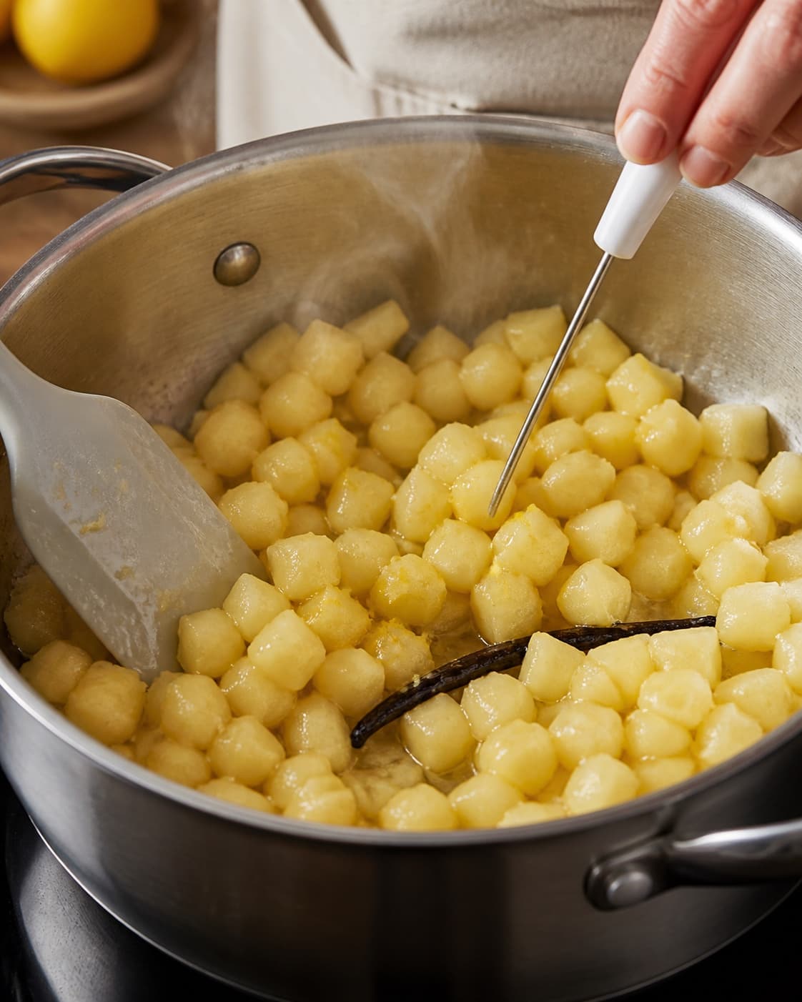 Blank æblekompot med tydelige møre tern og kun lidt tyk vaniljesirup vendes forsigtigt mens temperaturen kontrolleres i flere stykker