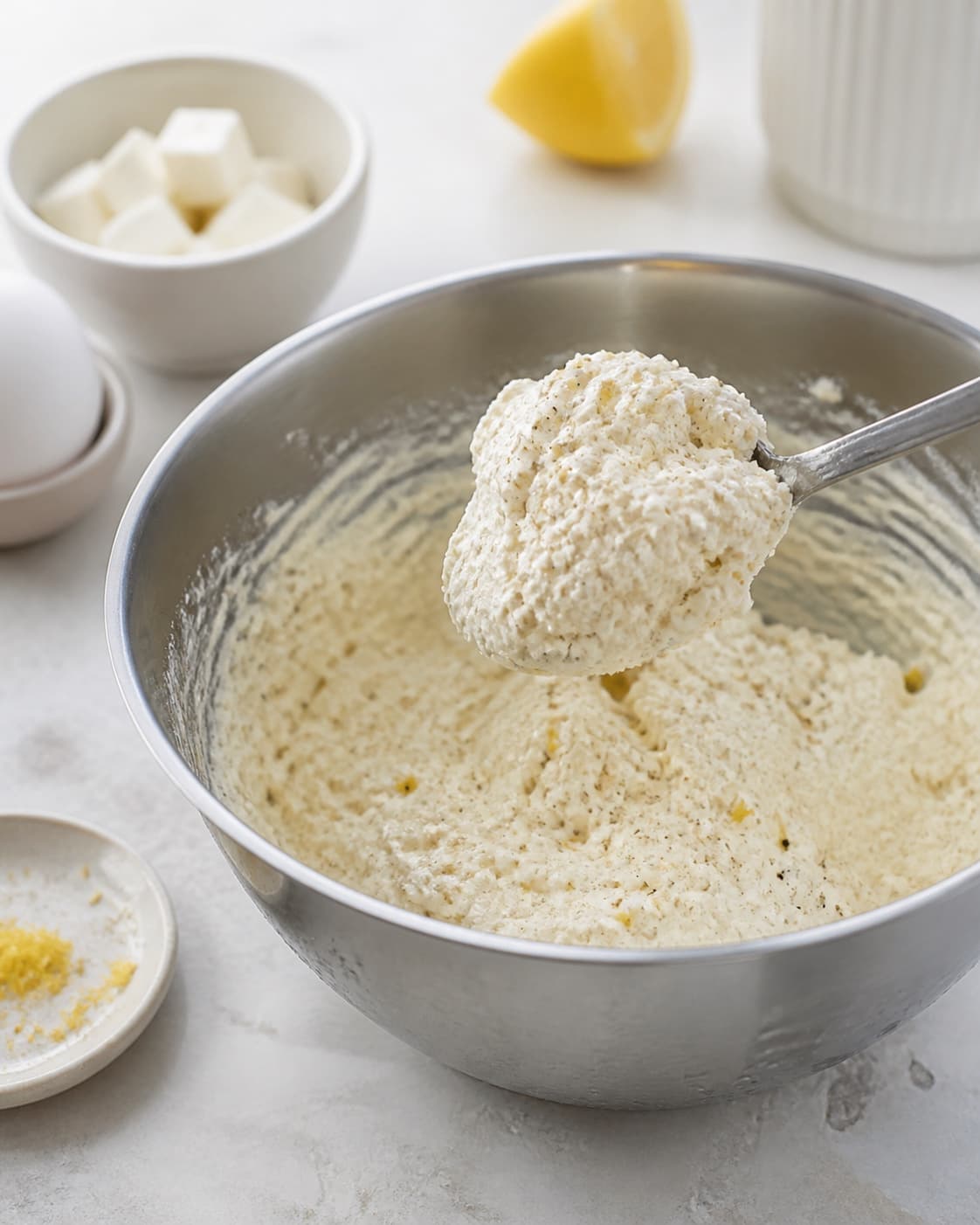 Koldt grovcremet feta-ricottafyld med citron og peber løftes i en tydelig skevold, som holder formen uden valle langs skålkanten
