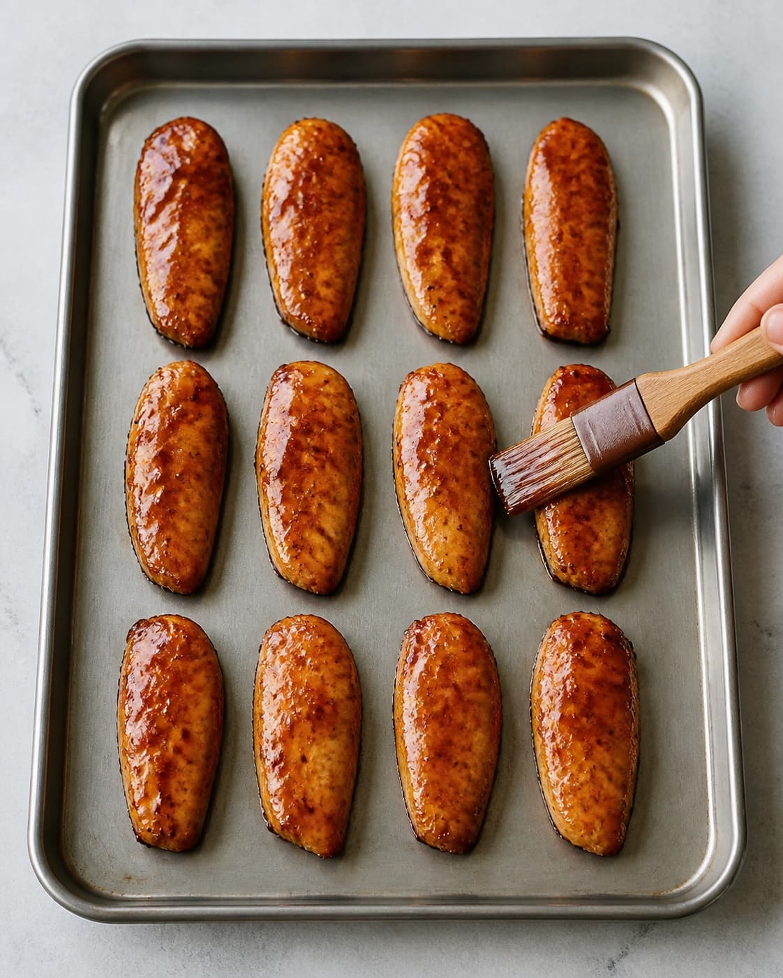 Tolv gennemstegte kyllingebatoner pensles med et tyndt blankt mahognilag teriyaki uden mørk saucesø på bagepladen