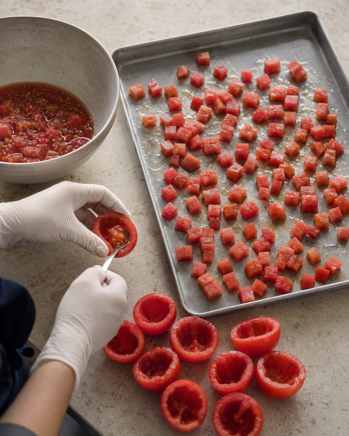Vandede kerner skrabes ud af halve tomater, mens ens røde tomattern ligger luftigt på en metalplade uden saftpøl