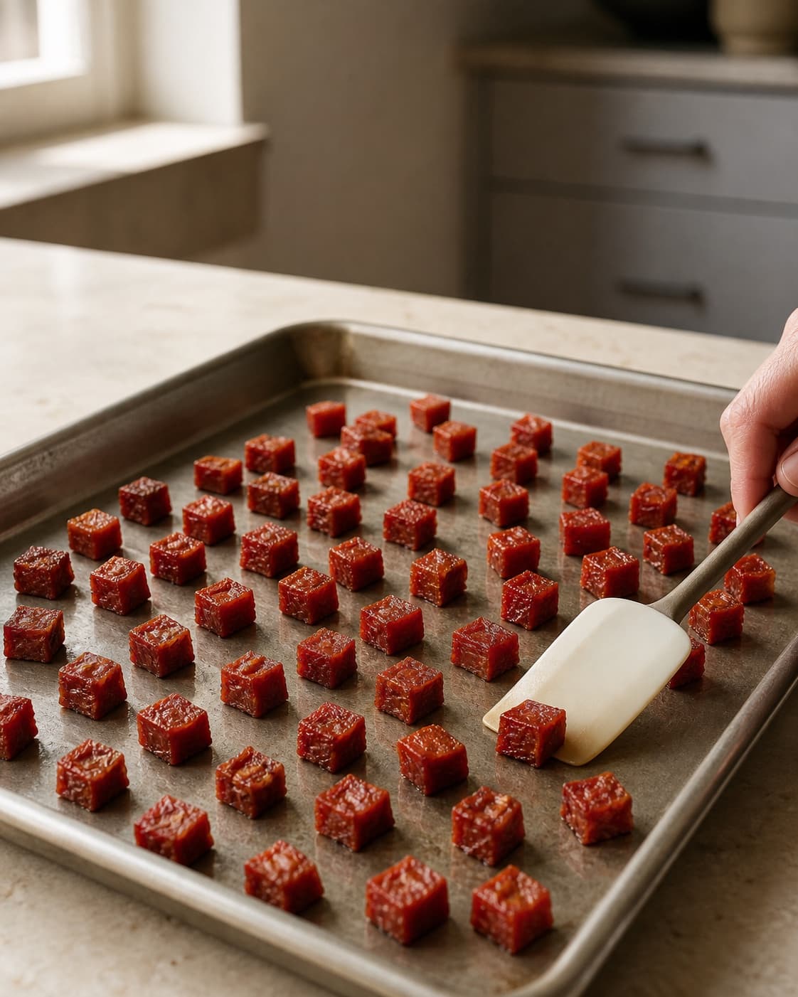 Mørkerøde koncentrerede tomattern ligger adskilt på en tør bageplade, mens ét bøjeligt stykke vendes med en spartel