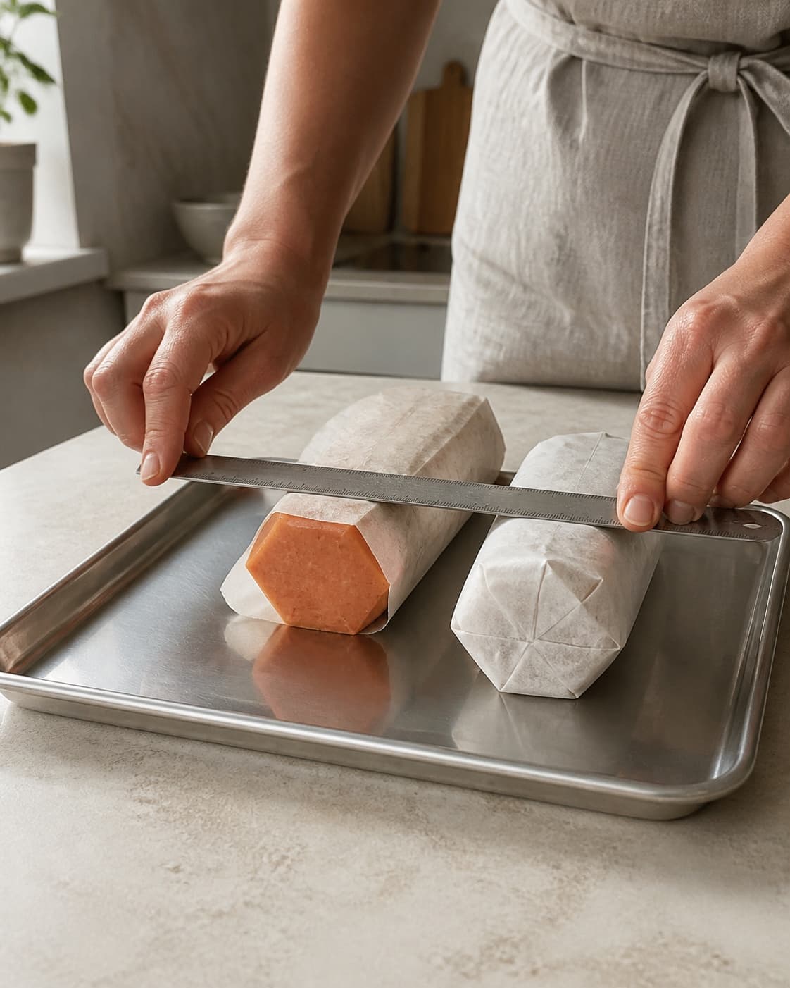 To tætte tomatsmørruller presses gennem bagepapiret til tydelige sekskantede facetter uden synlige luftlommer
