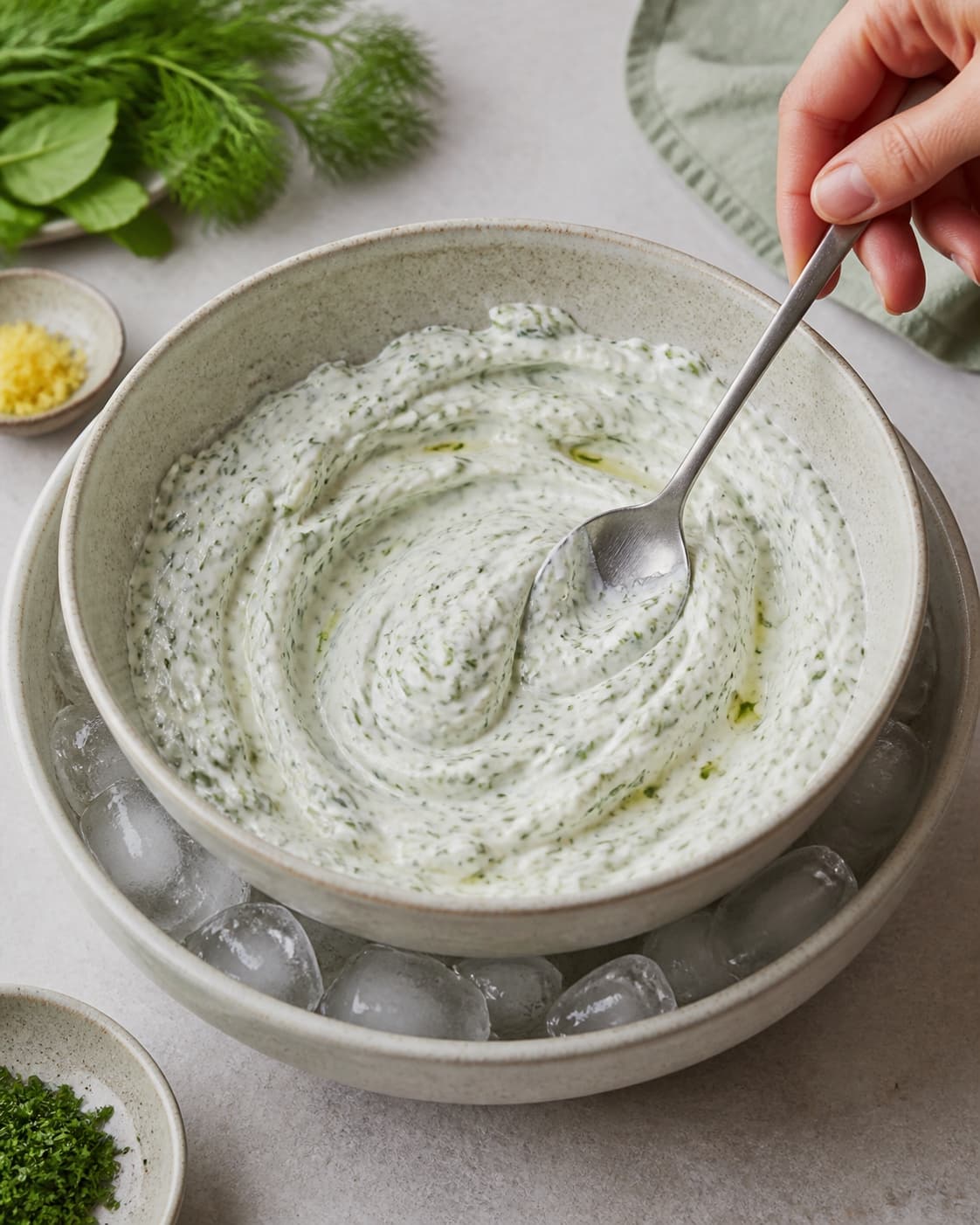 Kold glat yoghurtbase står over is og holder en ren skevold med jævnt fordelt dild, mynte og citron uden valle i kanten