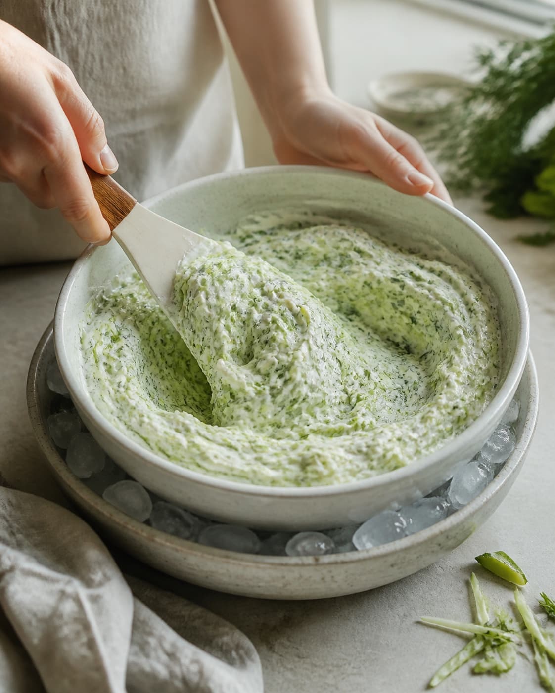Pressede grønne squashstrimler foldes i den kolde urteyoghurt, som bliver tæt og holder en dyb skarp spatelfold uden væske