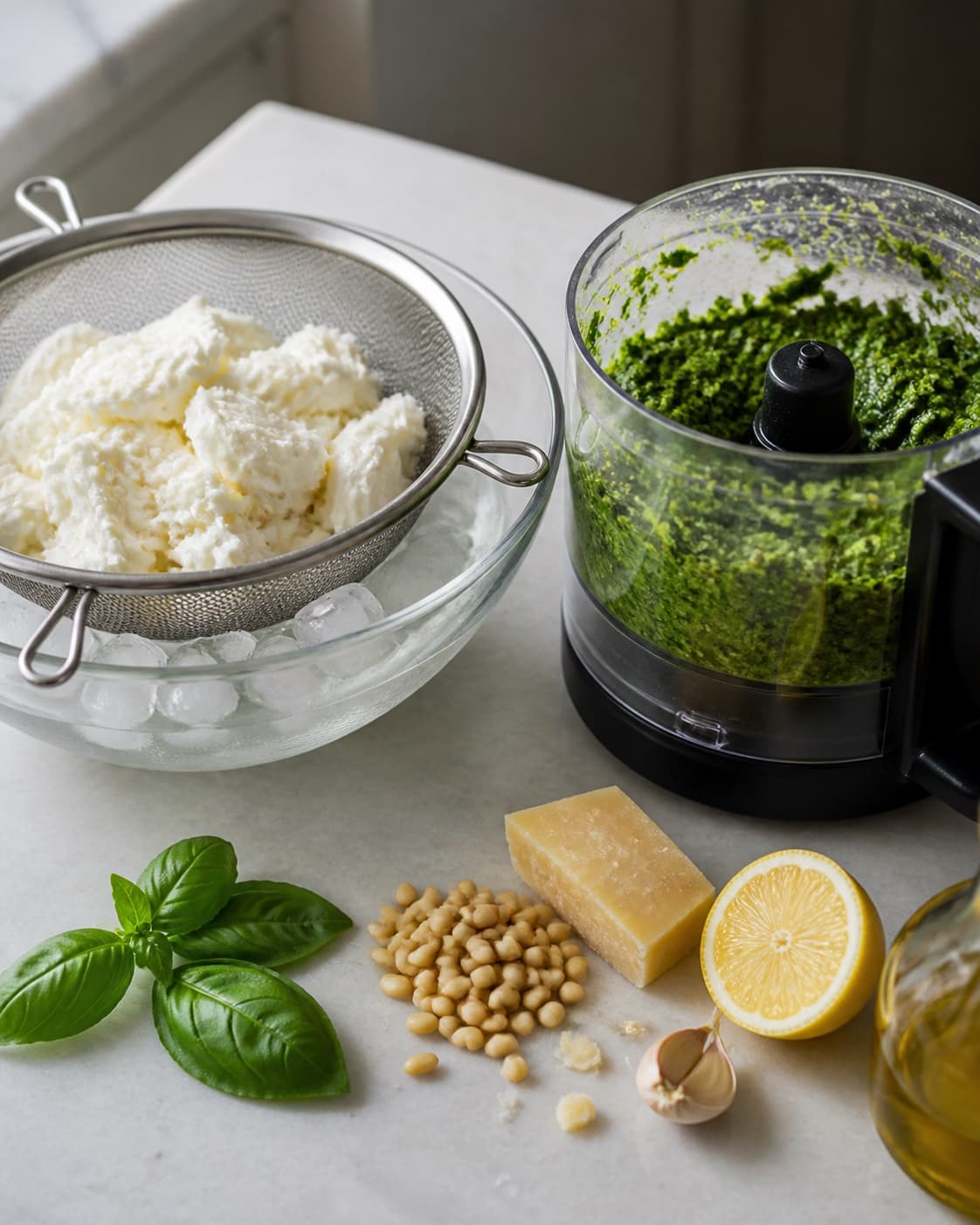 Kold mozzarella dræner tørt over is uden valle, mens basilikum og pinjekerner blendes til en grov klar grøn pesto uden oliesø