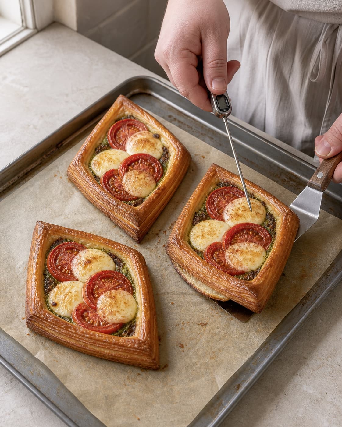 Tre dybt gyldne butterdejsdiamanter med tomat og mozzarella slutbages, mens ét centrum måles og en tør underside løftes