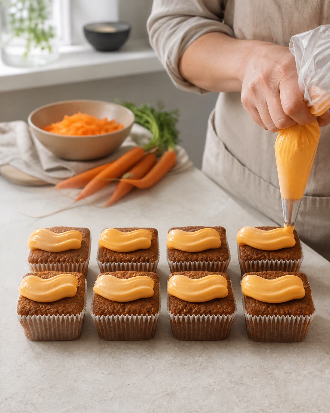 Præcis otte helt kolde firkantede muffins får hver en lav smal bølge blank citrus-ostecreme uden høje toppe, gryn eller valle