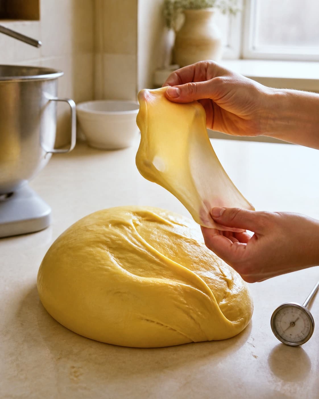 Blank elastisk smørgærdej trækkes til et næsten gennemsigtigt helt glutenvindue uden rivning eller fedtsø ved skålen