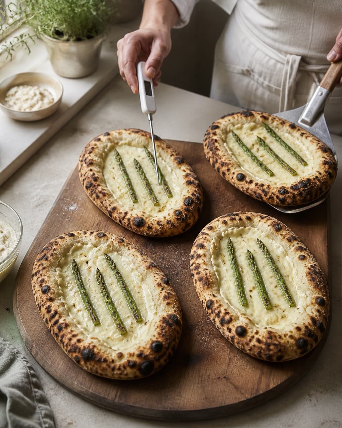 Præcis fire ovale pizzette bages med puffet mørkplettet rand, lyst mascarponelag og tre grillede aspargestoppe på hver