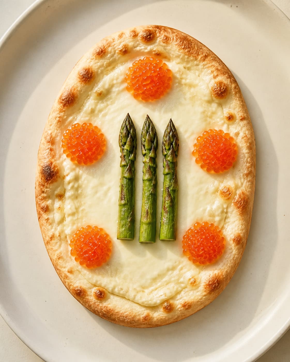 En gylden oval pizzette har præcis tre grillede aspargestoppe og fem tydeligt adskilte blanke klynger stenbiderrogn