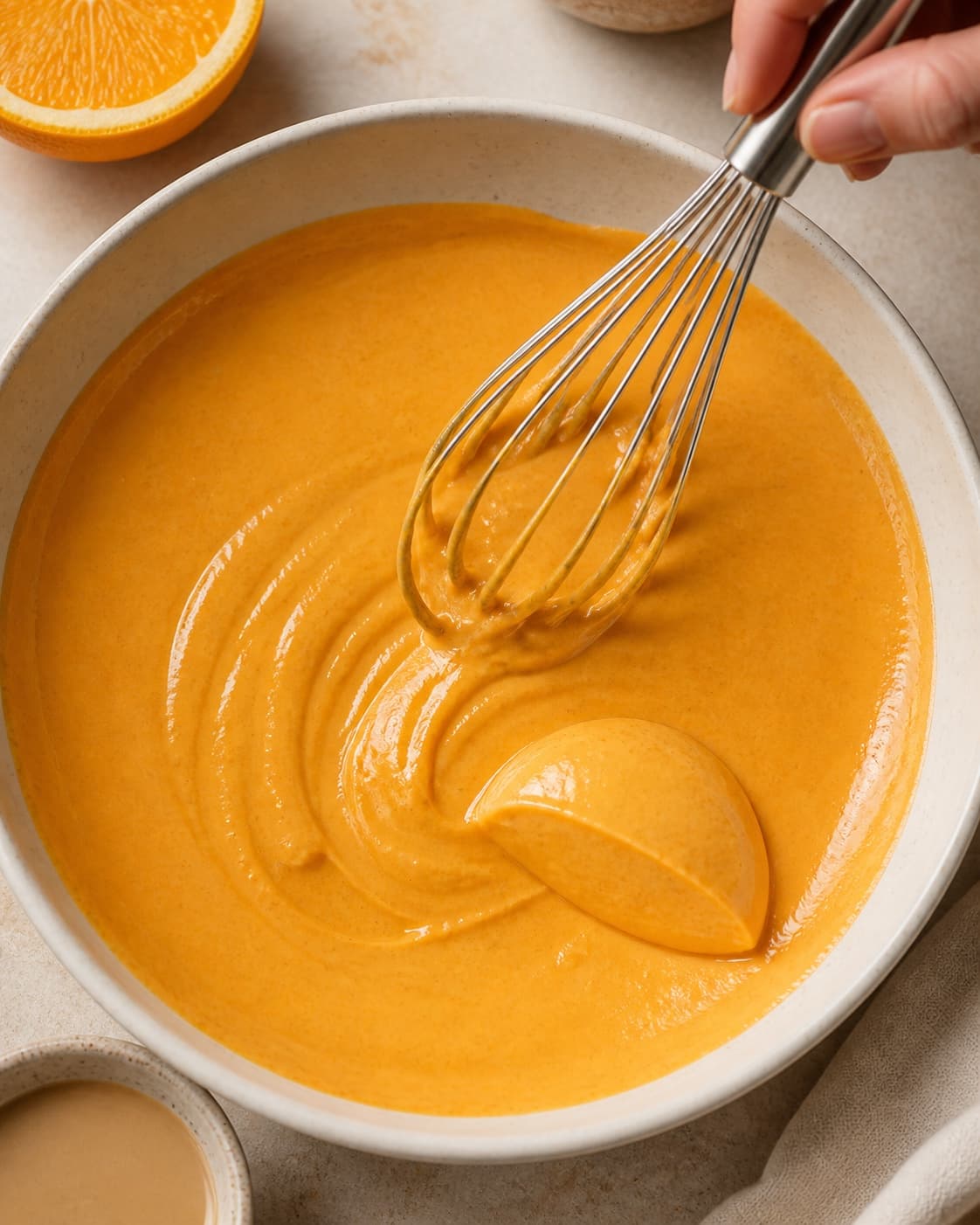 Tyk orange tahinidressing piskes glat i en lys skål og holder både tydelige piskespor og en formfast quenelle