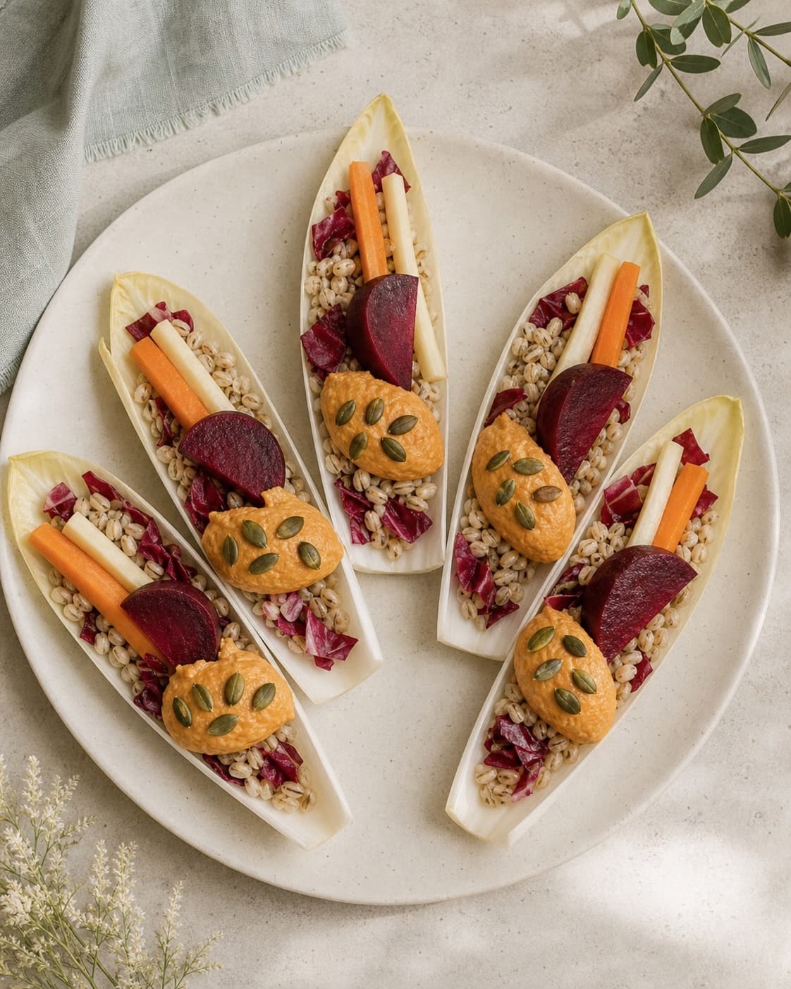 Præcis fem spidskålsbåde er fyldt med byg, tre slags rodfrugt, radicchio og orange dressing med fem kerner