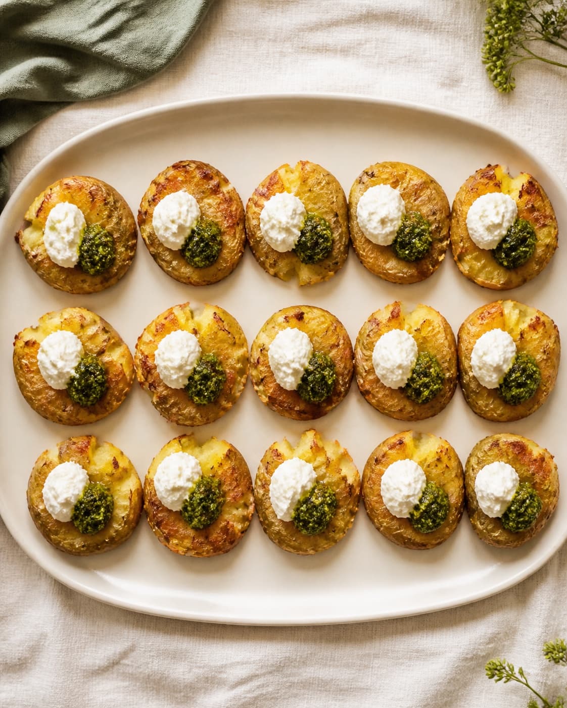 Præcis femten gyldne smashede kartofler står i tre rækker med adskilte toppe af hvid fetacreme og grøn pesto
