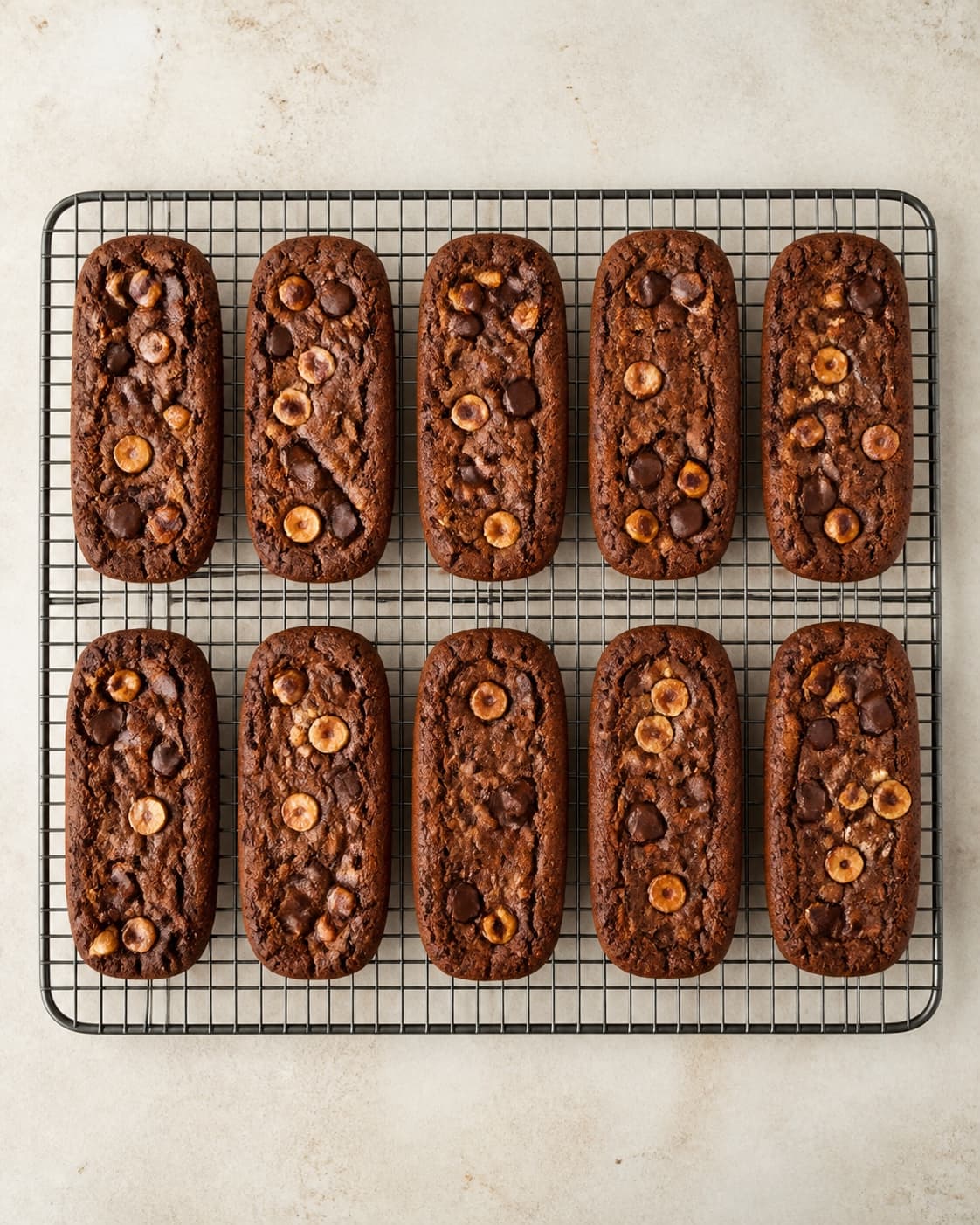Præcis ti bagte cookiebarer køler i to rækker med dybt gyldne kanter, mat sej midte og ristede nødder