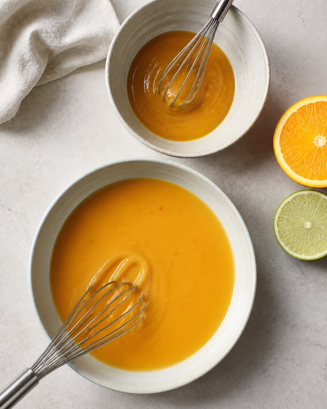 Orange miso-citrussauce er delt i en lille tyk varm glasering og en større glat kold dressing uden olieskilning