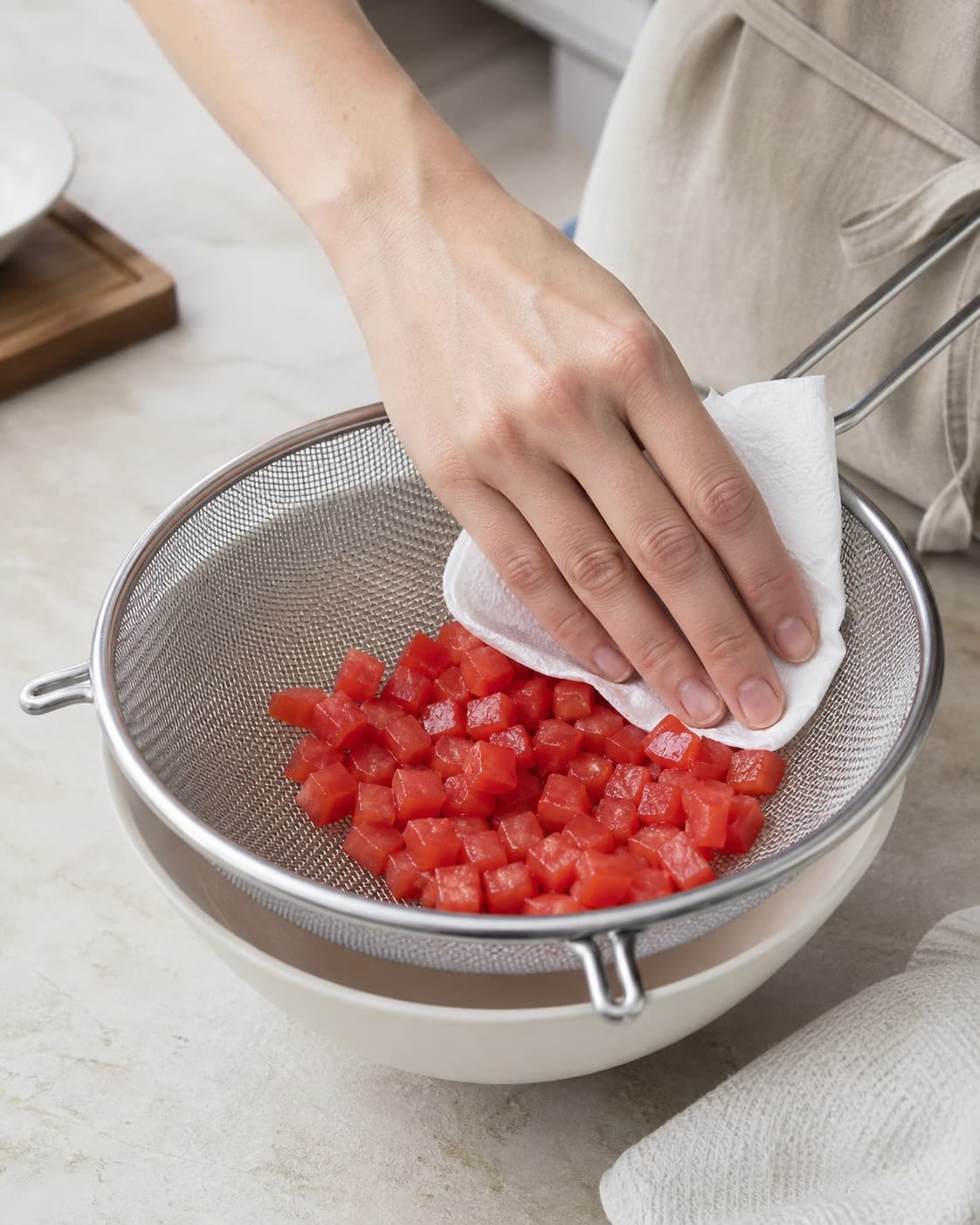 Kolde ens tomattern dræner i en fin si og duppes blanke og overfladetørre uden rød væskesø