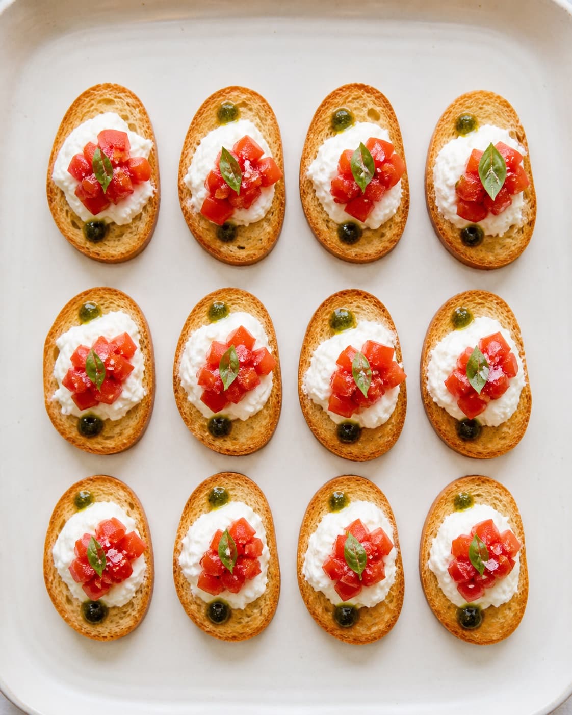 Præcis tolv sprøde crostini står i tre rækker med burrata, tomattern, to oliedråber og en basilikumspids