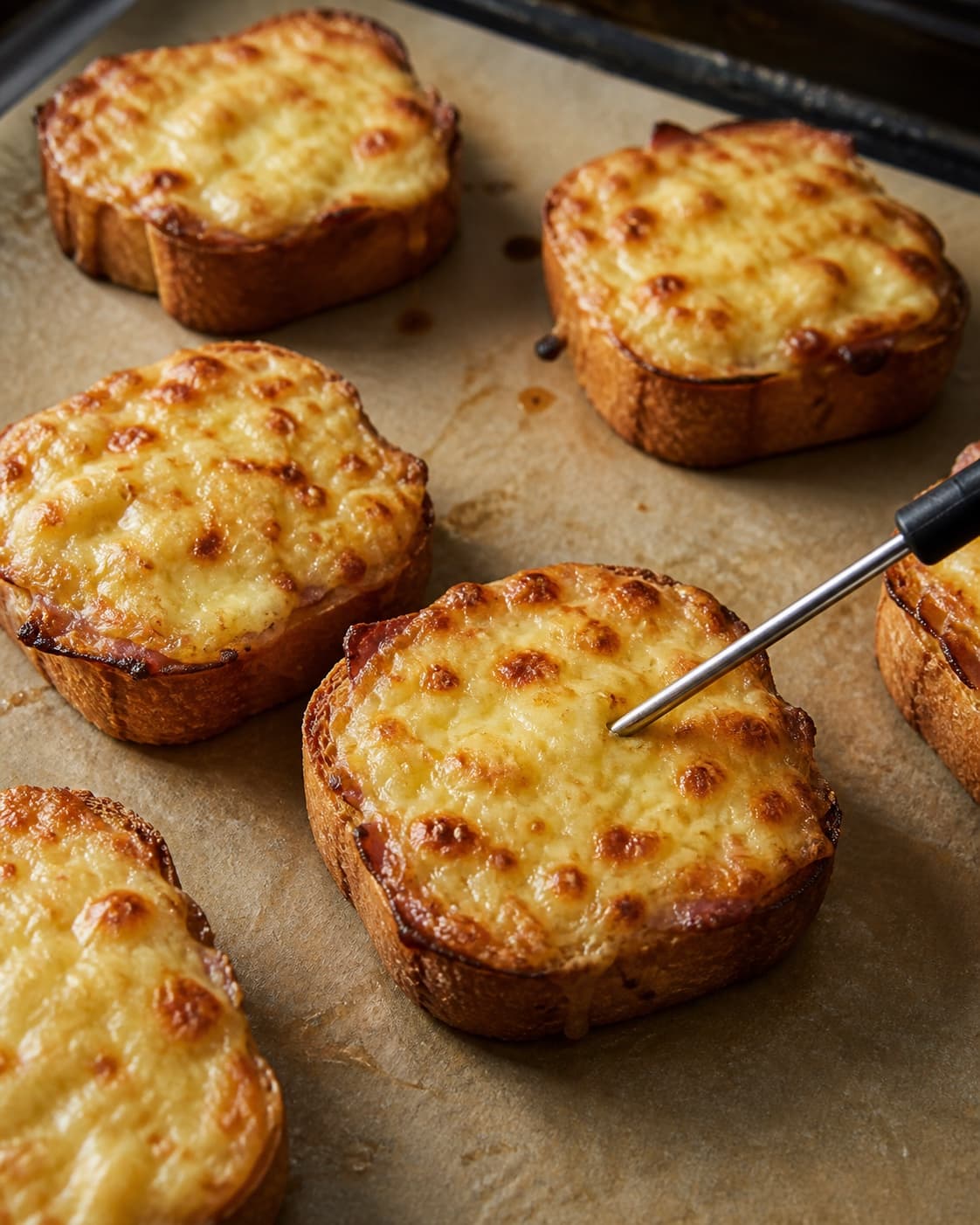 Boblende brunplettet Gruyère temperaturmåles på en croque med tør sprød briocherand og ingen oliesø