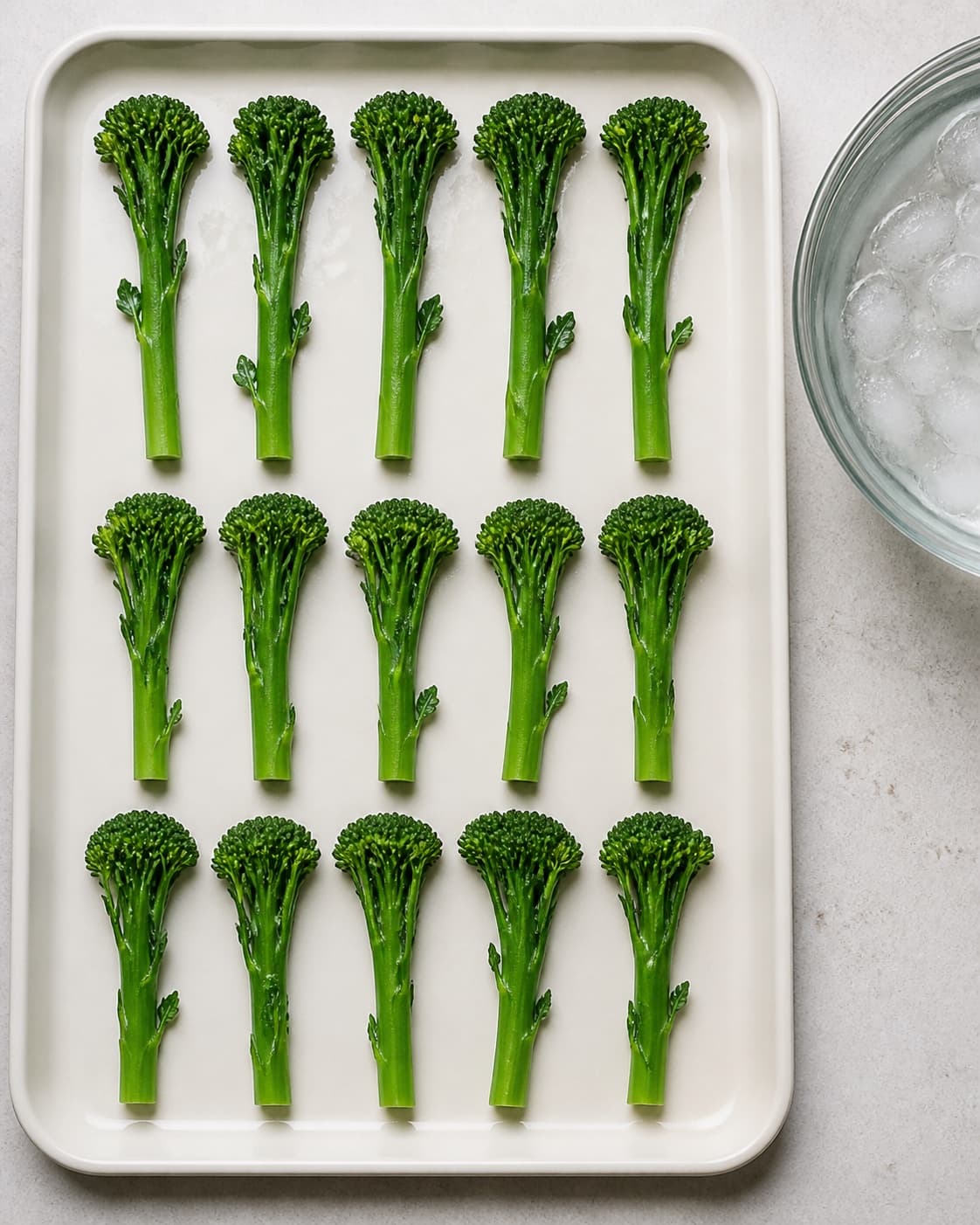 Præcis femten klare grønne broccolinistilke ligger i tre rækker efter blanchering og hurtig afkøling i isvand