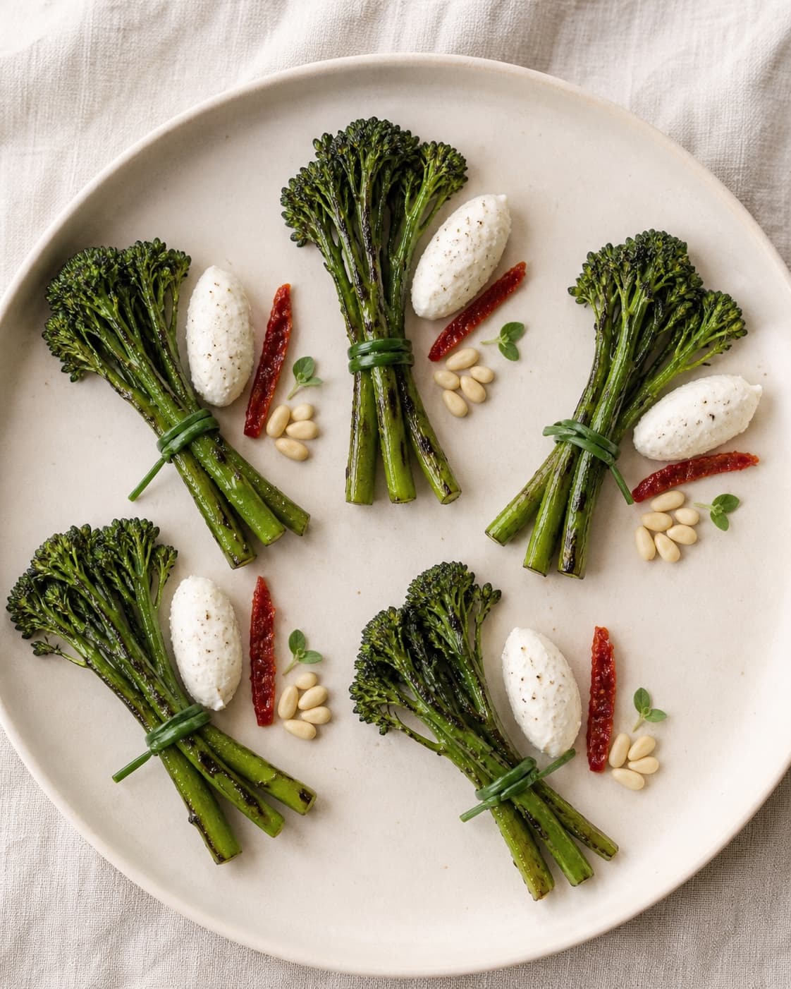 Præcis fem broccolinibundter med tre stilke hver serveres med fetacreme, tomatribbon og fem pinjekerner