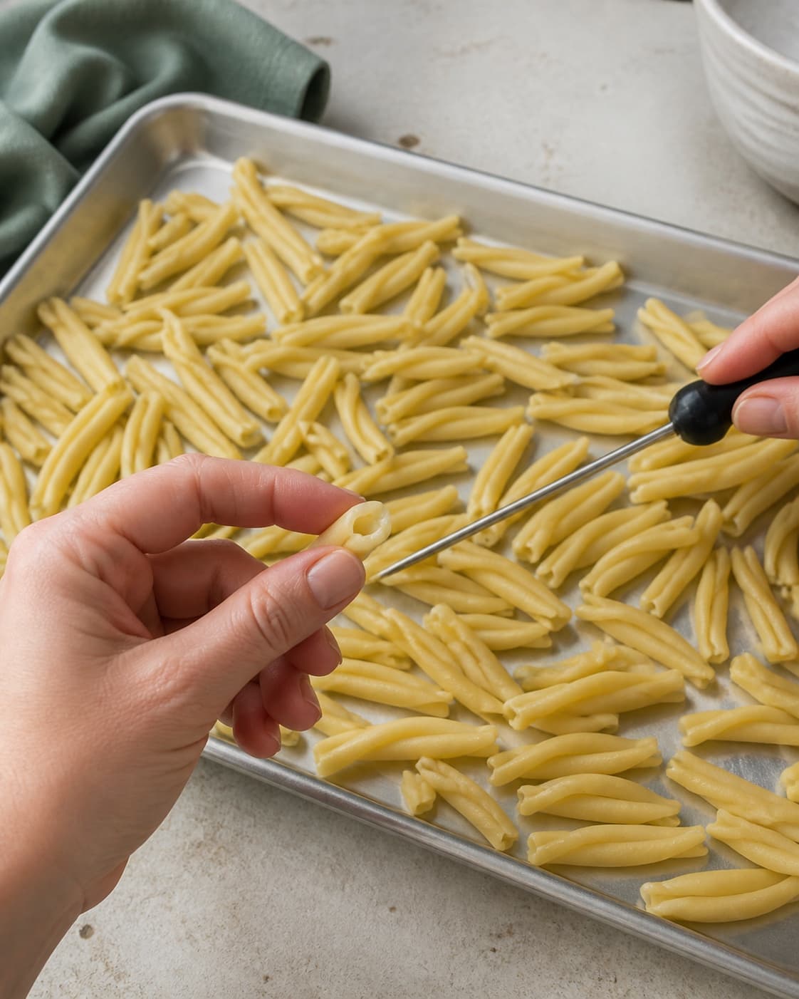 Kogt casarecce ligger adskilt i et tyndt lag på en kold bakke, mens en pastabid kontrolleres for fast kerne